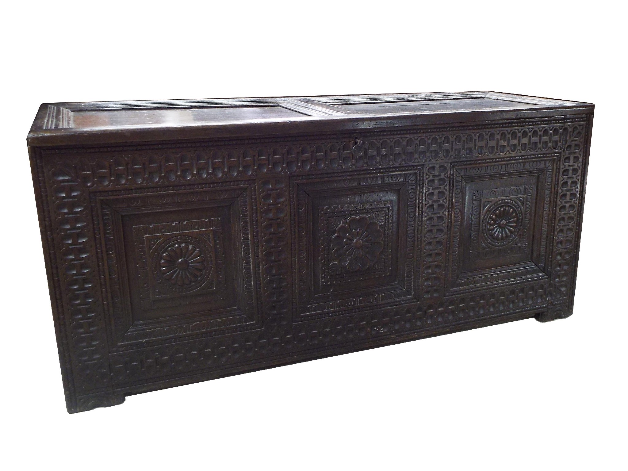 Appraisal: Good James I triple fronted oak coffer profusely carved with