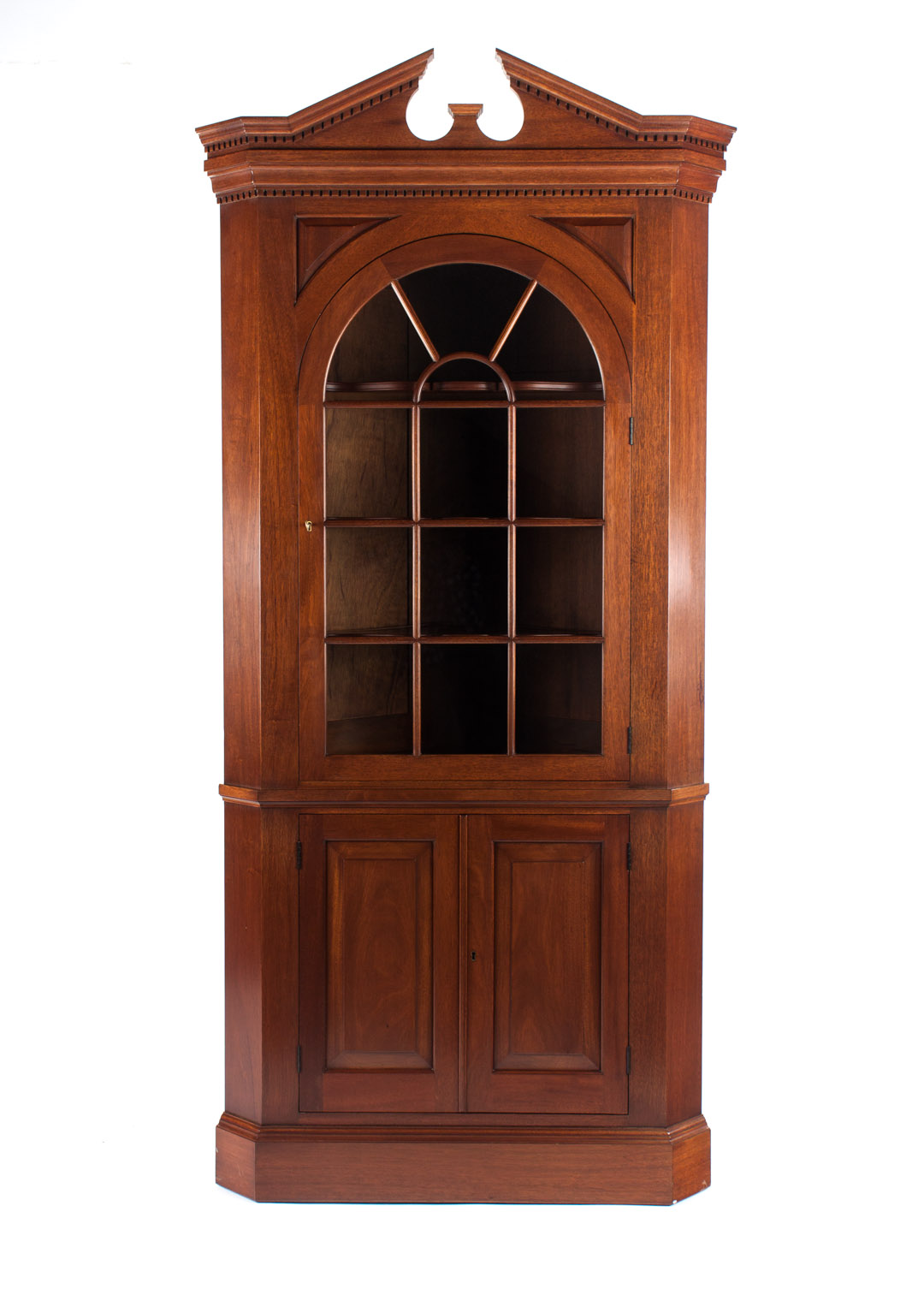 Appraisal: Kittinger Federal style mahogany corner cupboard dentil molded split pediment