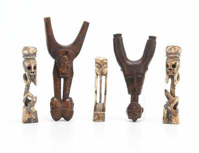 Appraisal: Two Baule Ivory Coast Sling Shots Three Bone Carved Lombok