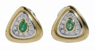 Appraisal: kt Diamond and Emerald Earclips two-tone gold triangle shape each