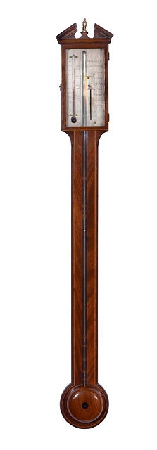 Appraisal: A GEORGE III MAHOGANY STICK BAROMETER the rectangular silvered vernier