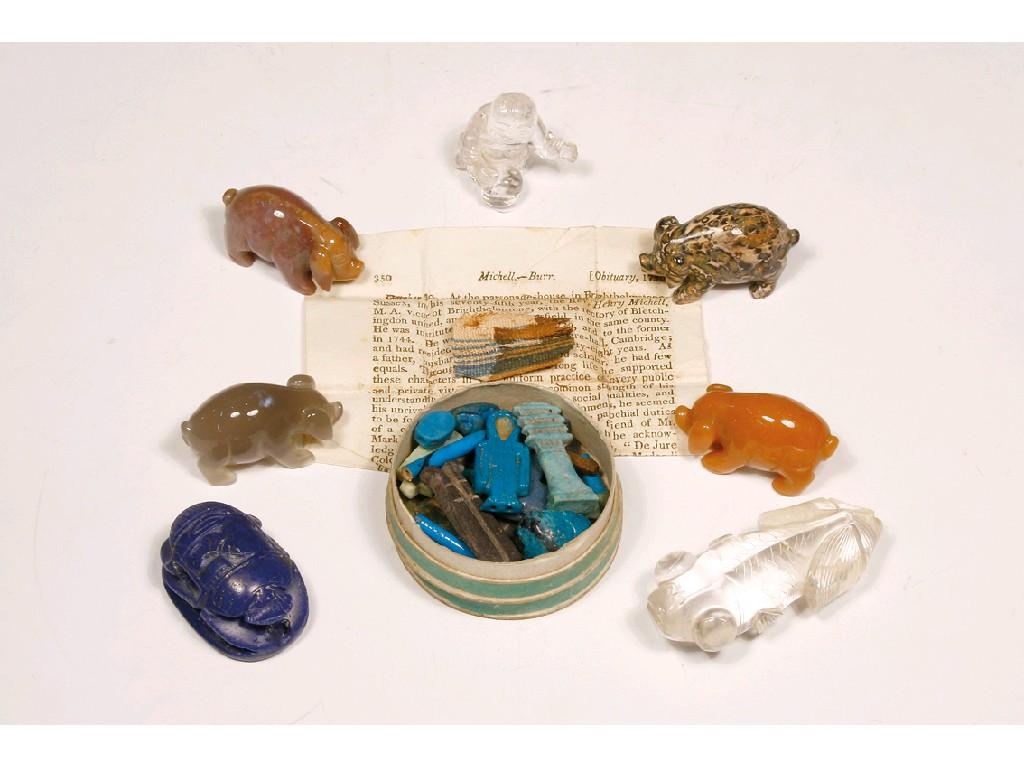 Appraisal: A CIRCULAR BOX containing a collection of Egyptian type glazed