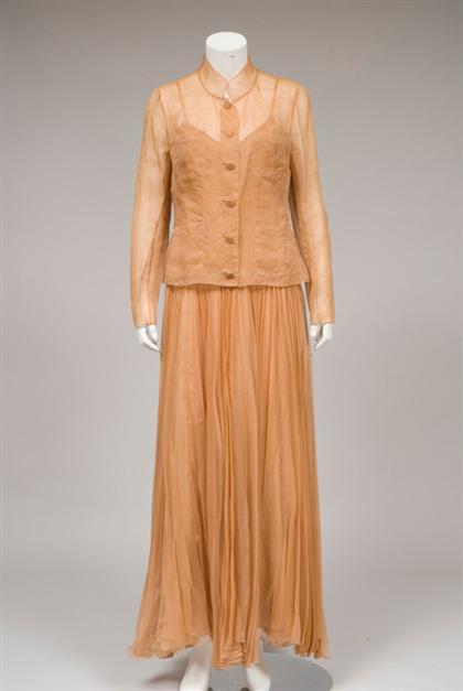 Appraisal: Chanel sheer terracotta charmeuse evening gown and jacket spring Spaghetti