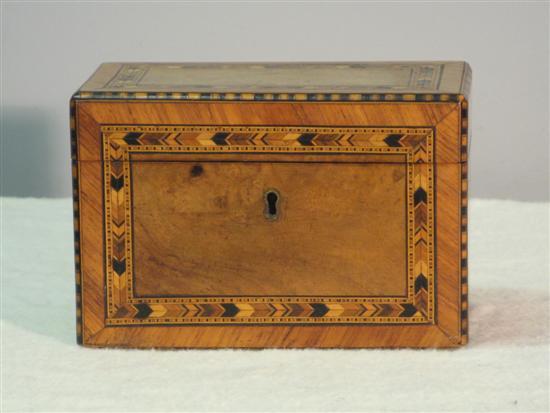 Appraisal: th century Fruitwood parquetry inlaid Tea Caddy h w d