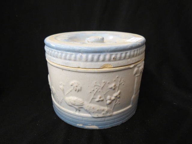 Appraisal: Blue White Stoneware Butter Tub peacock at the fountain scene