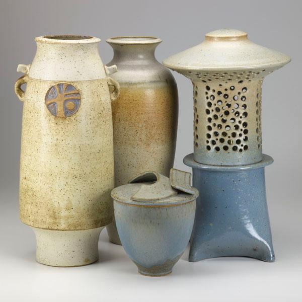 Appraisal: CARL SHANAHAN Four pieces of stoneware include two tall vases