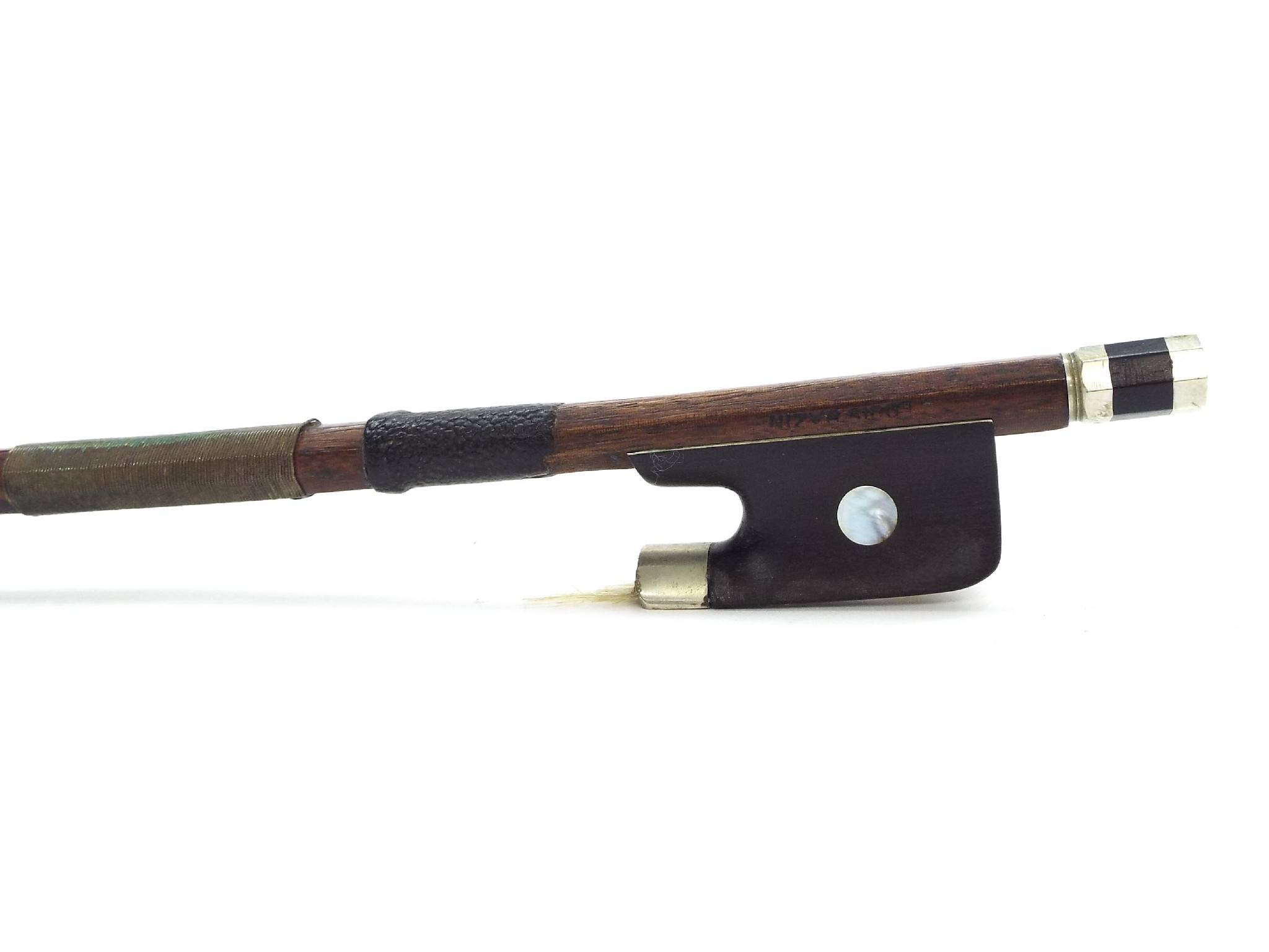 Appraisal: French nickel mounted violin bow by and stamped Louis Bazin