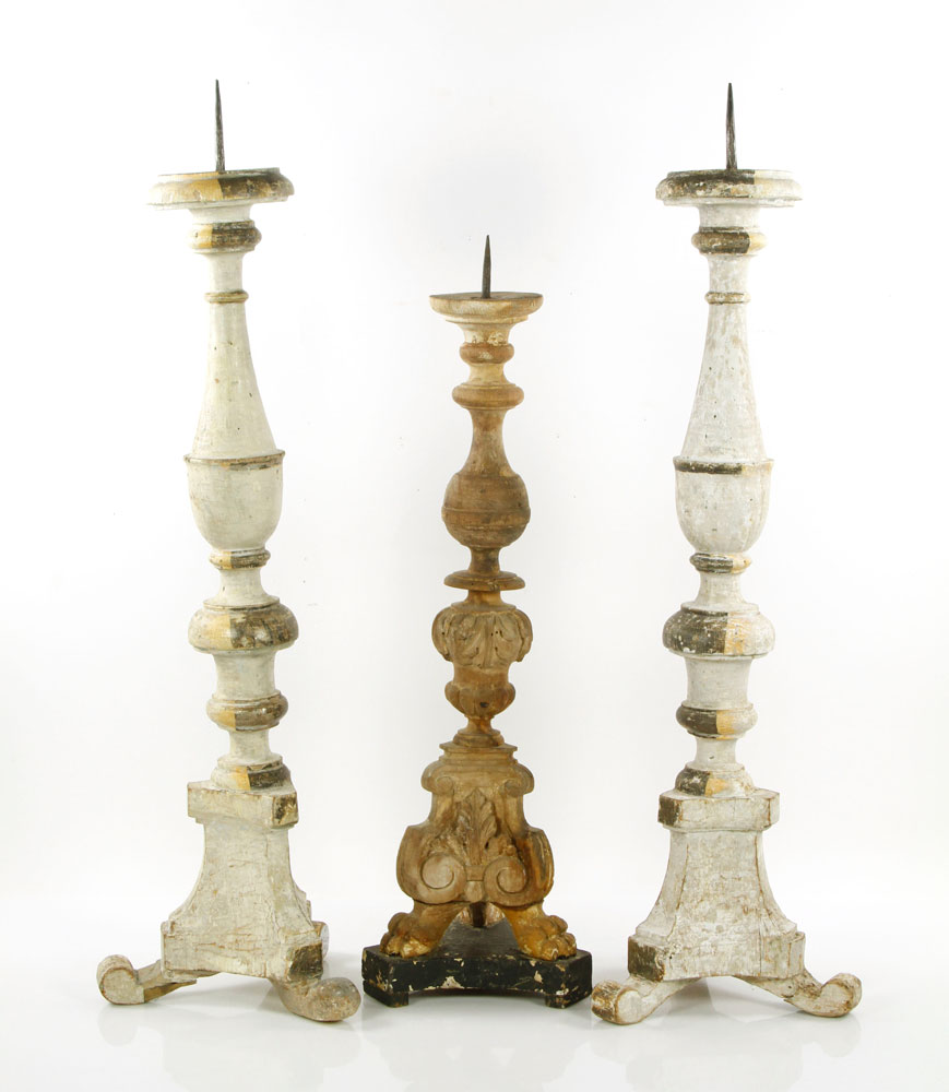 Appraisal: - Early Italian Wood Candlesticks Lot of three early Italian