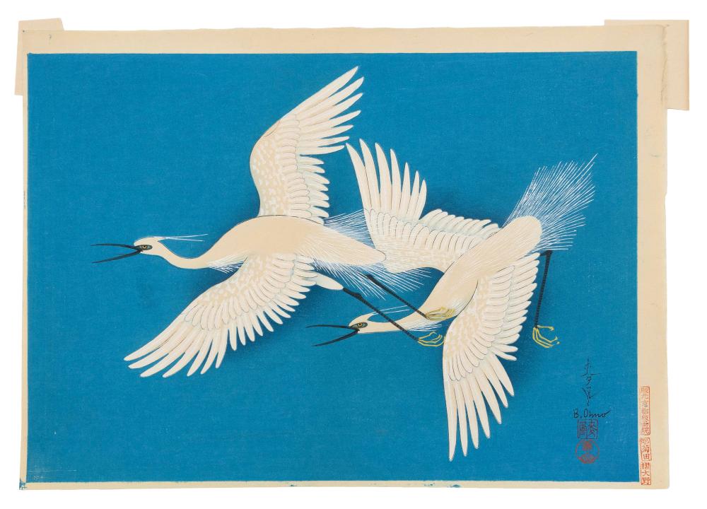 Appraisal: BAFUKO OHNO JAPAN - TWO CRANES IN FLIGHT WOODBLOCK PRINT