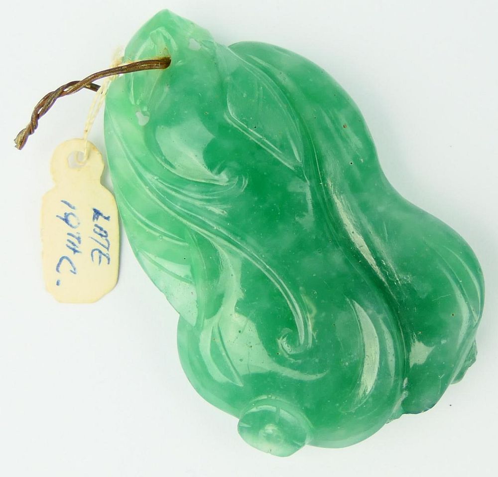 Appraisal: CHINESE QING GREEN JADEITE HULU GOURD PENDANT Antique Chinese Qing