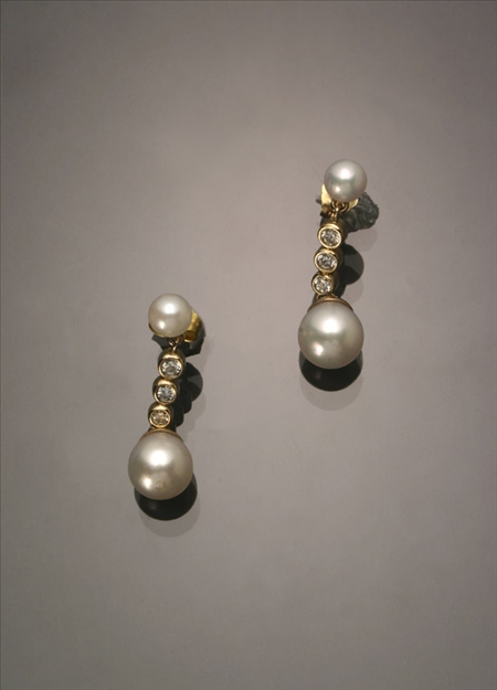 Appraisal: Pair of -Karat Yellow-Gold Cultured Pearl and Diamond Pierced Earrings