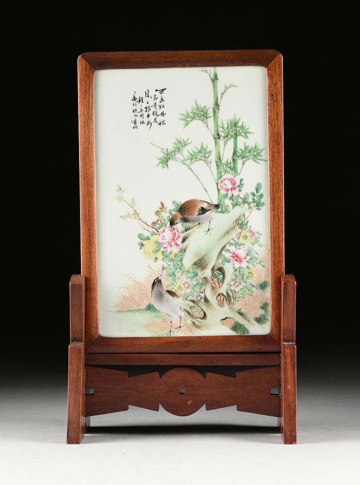 Appraisal: A FAMILLE ROSE PORCELAIN POEM PLAQUE ON STAND CHINESE REPUBLIC