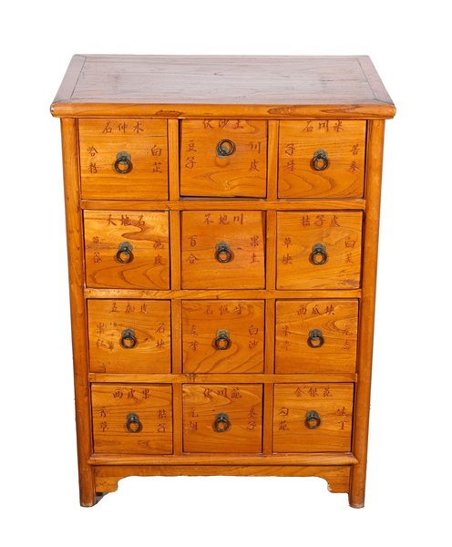 Appraisal: Vintage Chinese apothecary cabinet with etched calligraphy on drawers as