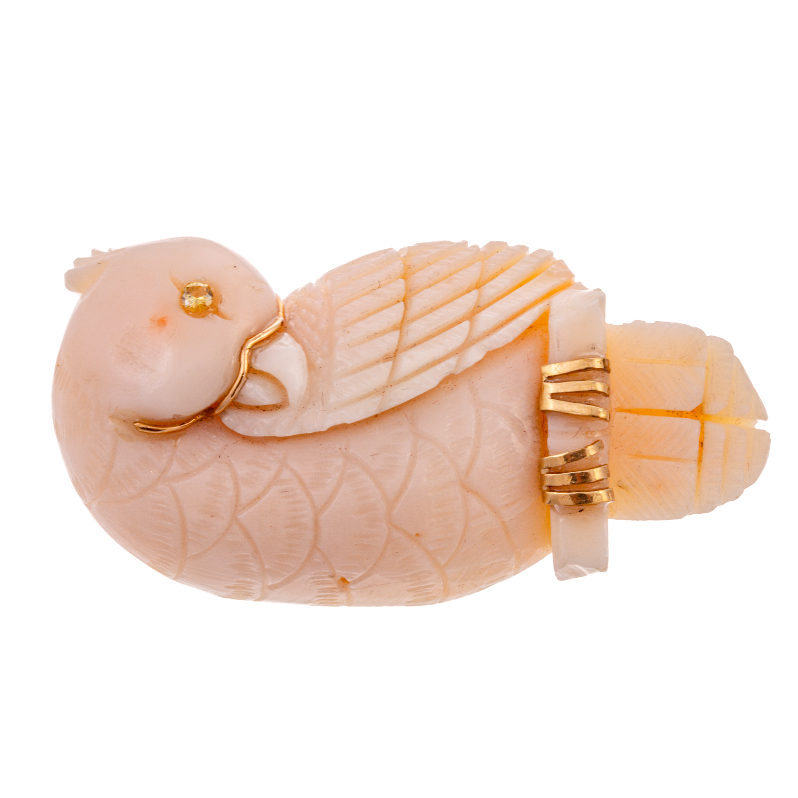 Appraisal: A WHIMSICAL CARVED CORAL COCKATOO BROOCH K yellow gold brooch