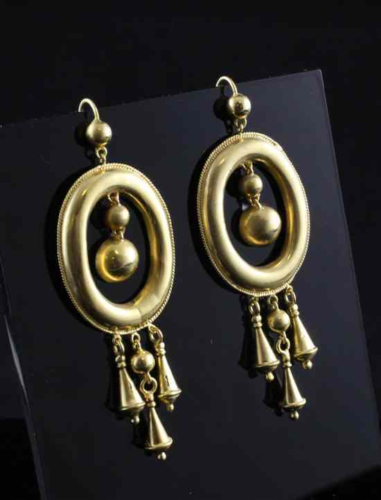 Appraisal: A pair of Etruscan revival gold drop earrings in Estimate