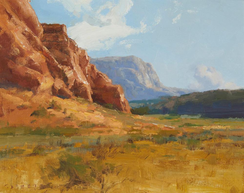 Appraisal: Donald Demers b Desert landscape with red rock cliffs Oil