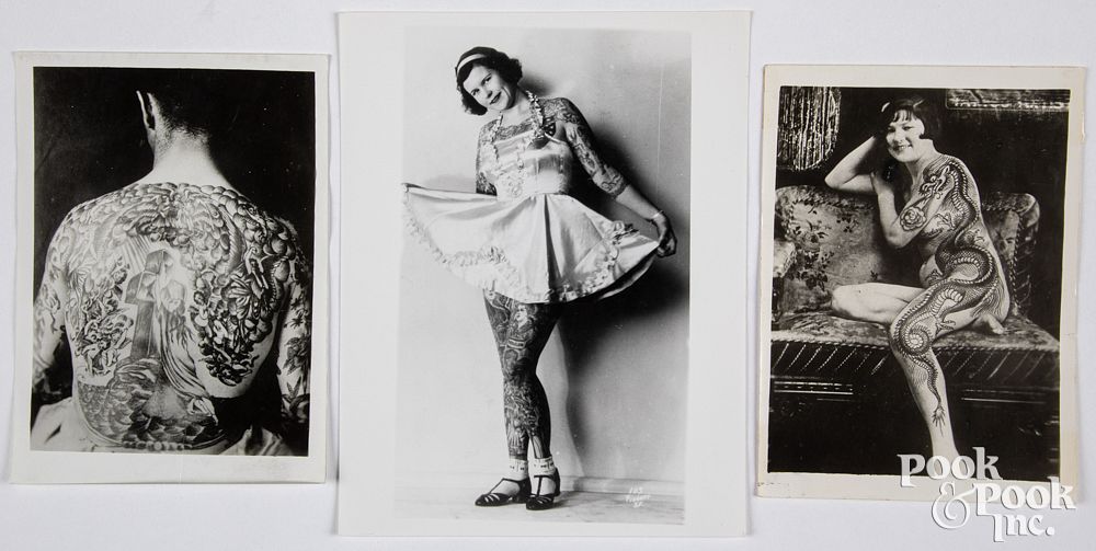 Appraisal: Three photographs of tattooed men and women Three silver gelatin