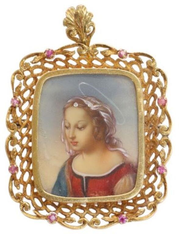 Appraisal: Estate Italian kt yellow gold pendant brooch painted miniature of