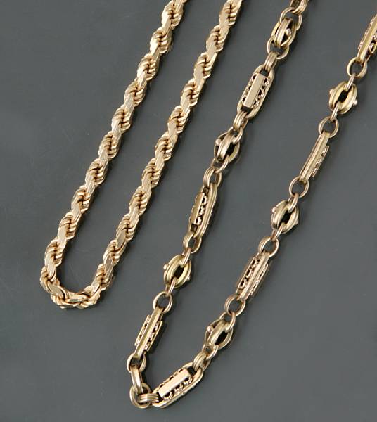 Appraisal: A collection of three gold neckchains grams