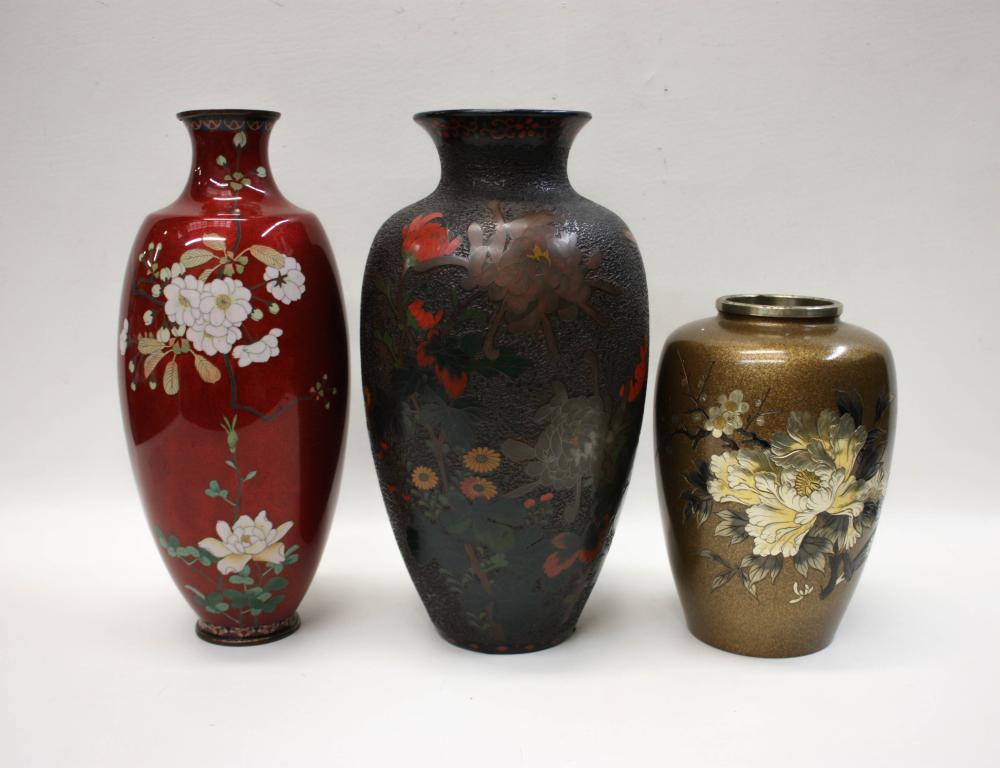 Appraisal: THREE JAPANESE VASES each having high shoulders and tapered base