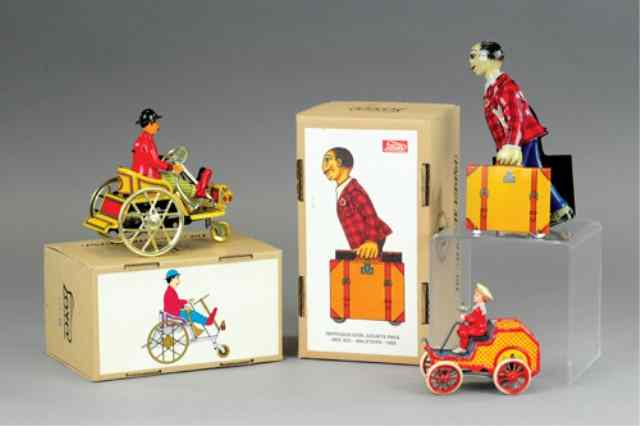 Appraisal: THREE CONTEMPORARY TIN TOYS Grouping includes Lehmann Runabout Paya seated