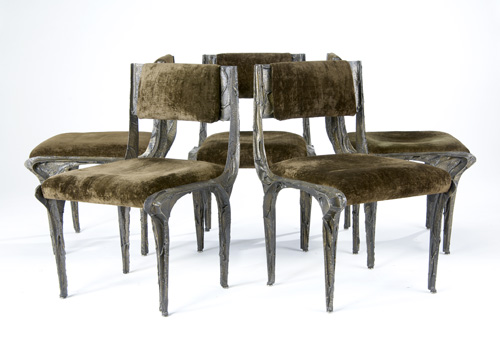 Appraisal: PAUL EVANS Set of five Sculpted Bronze armchairs with brown