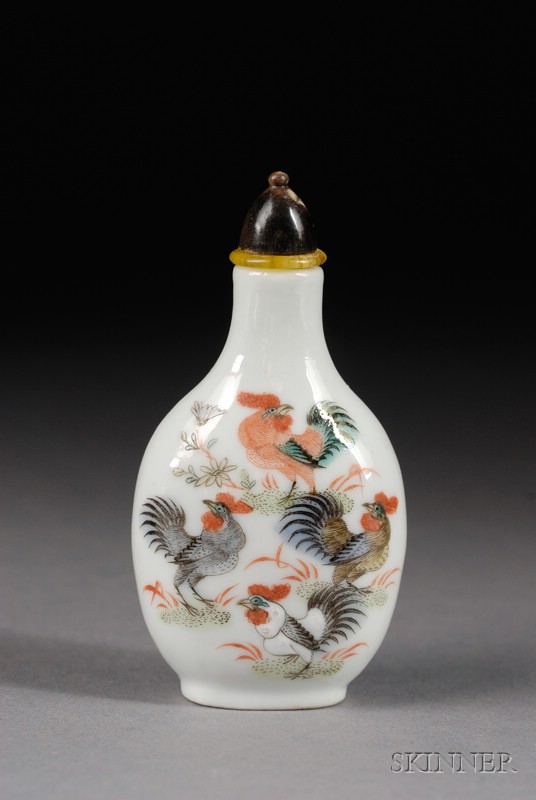 Appraisal: Porcelain Snuff Bottle China th century enamel decoration of chicken's