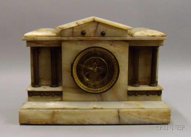 Appraisal: French Alabaster Mantel Clock with pitched pediment case in dia