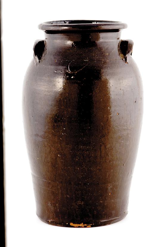 Appraisal: Georgia stoneware churn circa ovoid body with dark brown glaze