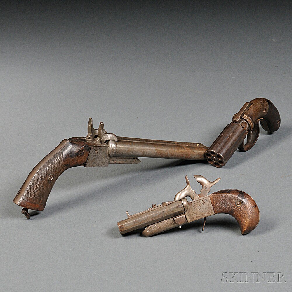 Appraisal: Three Pistols c th century a pepperbox pistol with walnut