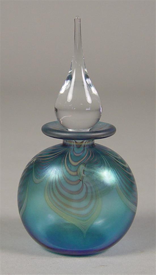 Appraisal: Handblown Perfume Bottle Blue lustre with gold swirls Clear stopper