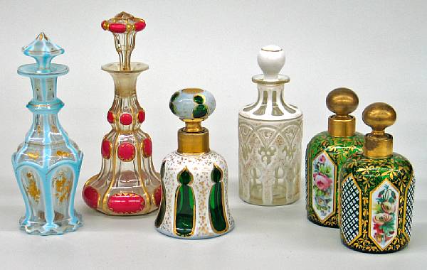 Appraisal: Six Bohemian opaque cased cut to clear glass bottles second