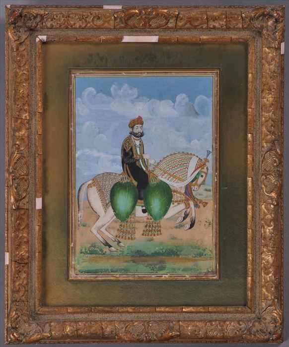 Appraisal: INDIAN SCHOOL MAHARAJA RAMSINGH OF JAIPUR Watercolor equestrian portrait with