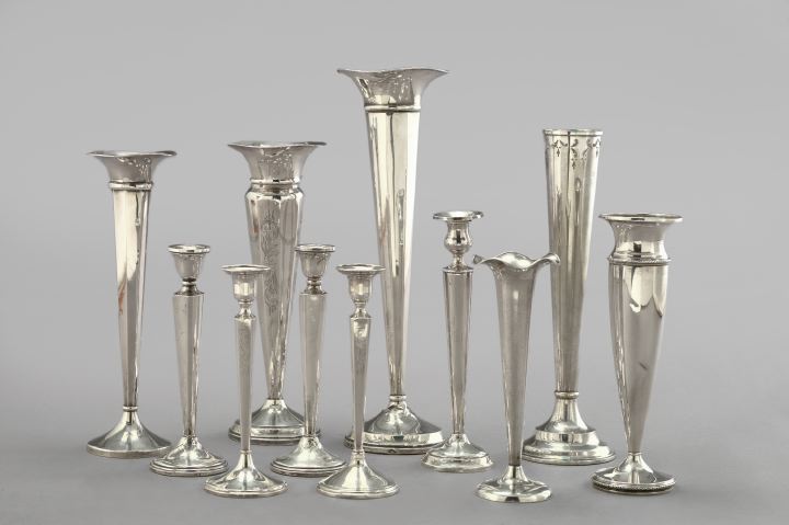 Appraisal: Eleven-Piece Collection of Silver Vases and Candlesticks first quarter th