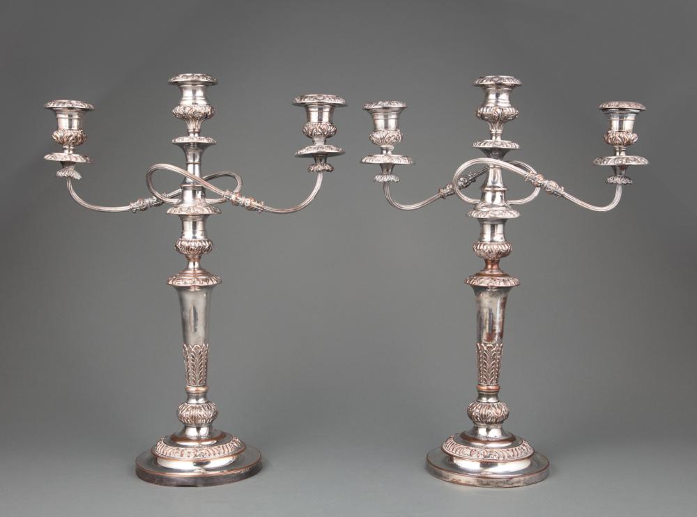 Appraisal: Pair of Old Sheffield Plate Three-Light Candelabra th c removable