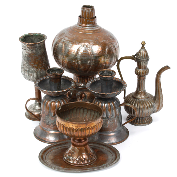 Appraisal: Group of seven Middle Eastern assorted metal vessels Including candle