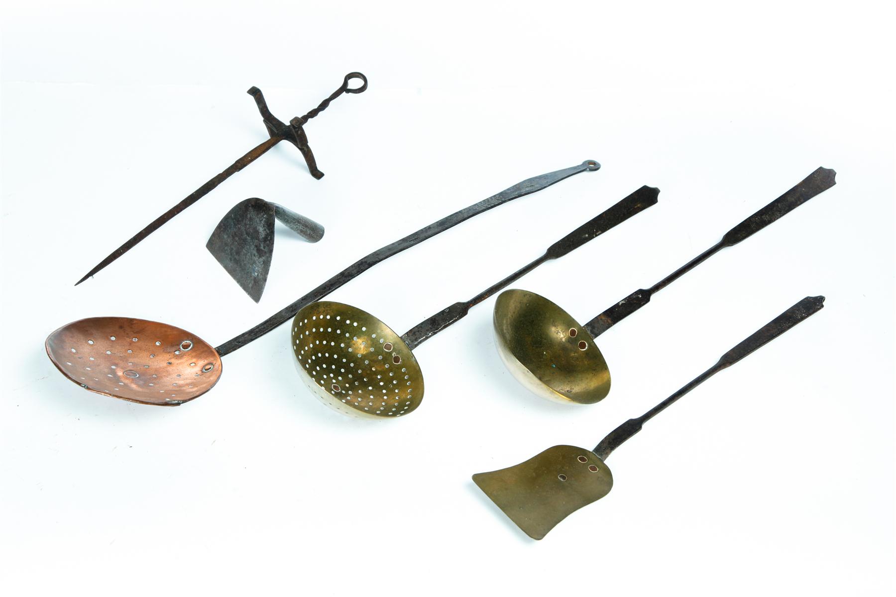 Appraisal: SIX UTENSILS American th century wrought iron Ladle skimmer and