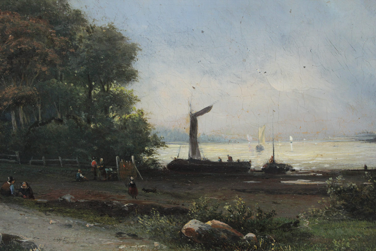 Appraisal: GOOD EARLY DUTCH WATERSIDE PAINTING SIGNED BAKHUIZEN Oil Chamfered Oak