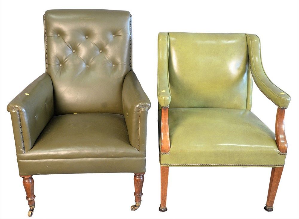 Appraisal: Two Green Leather Armchairs each having brass tacks one having