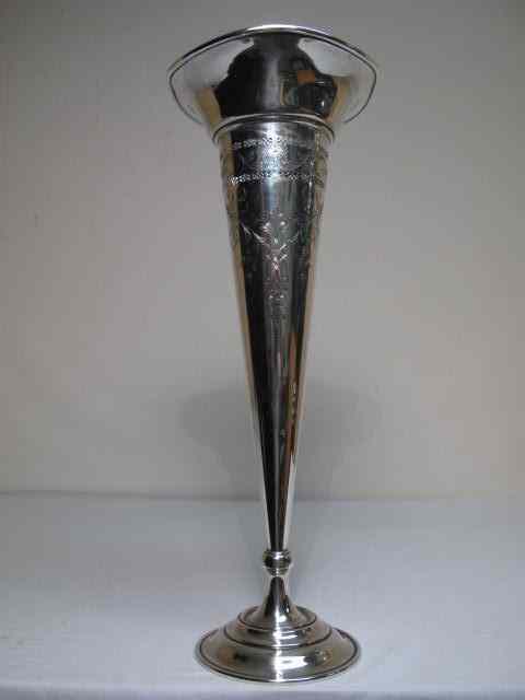 Appraisal: J E Caldwell sterling silver trumpet vase Reticulated and engraved