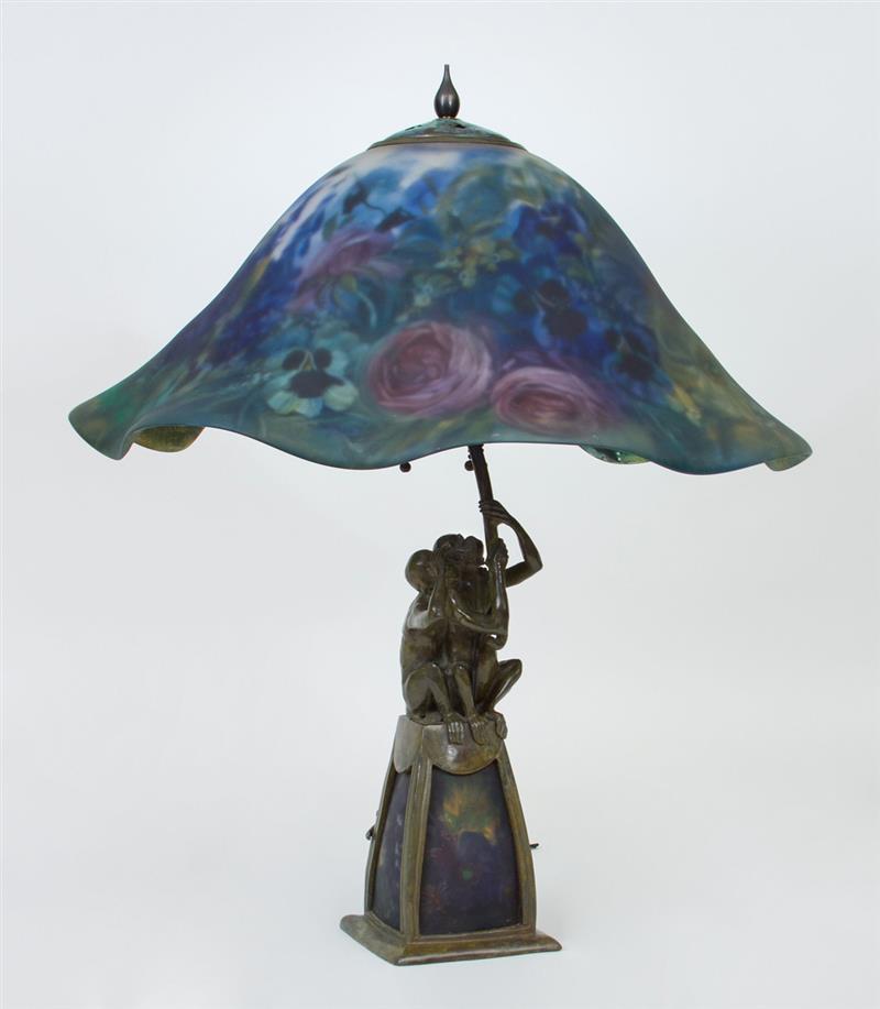 Appraisal: REVERSE PAINTED GLASS AND BRONZE MONKEY LAMP BY ULLA DARNI