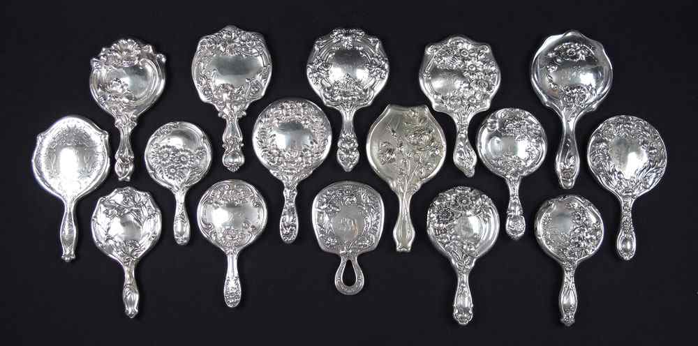 Appraisal: COLLECTION OF ART NOUVEAU STERLING MIRRORS All with a floral