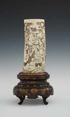 Appraisal: A Chinese Carved Tusk Brush Holder on a Rosewood Stand