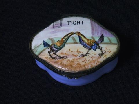 Appraisal: ENAMEL GAMECOCK SNUFFBOX Late th early th century quatrefoil the