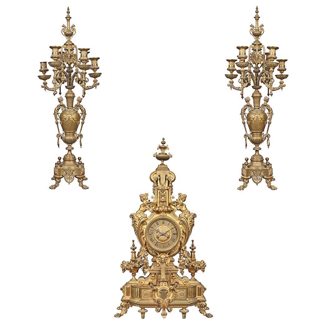 Appraisal: Neo-Grec Style Gilt-Metal and Gilt-Bronze Clock Garniture Tiffany Co New