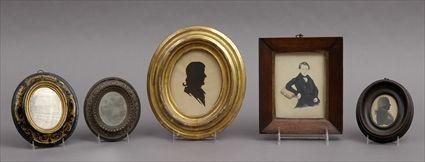 Appraisal: TWO OVAL SILHOUETTES A PORTRAIT MINIATURE AND TWO OVAL MIRRORS