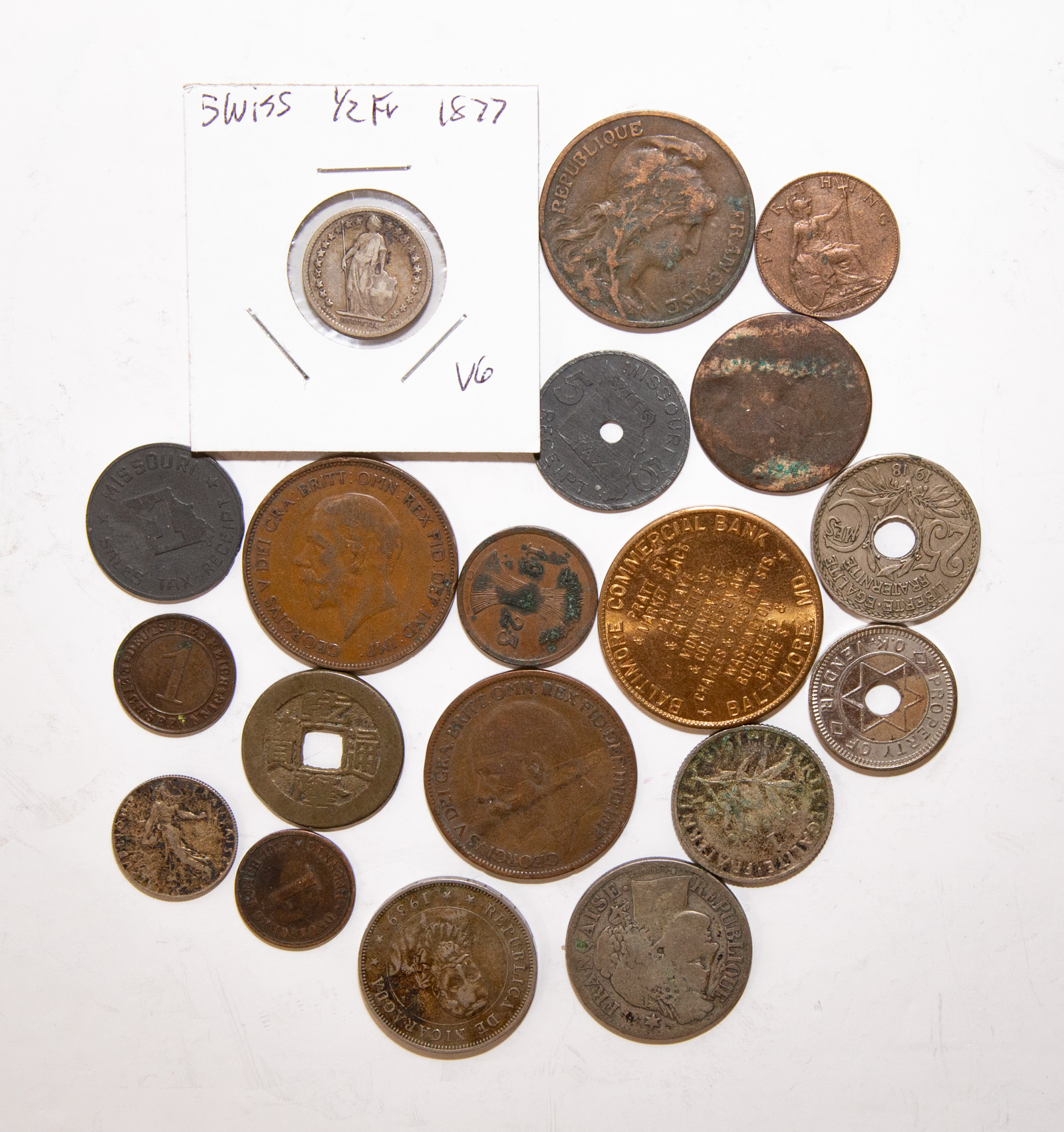 Appraisal: BAG OF COINS TOKENS Two Missouri Sales tax tokens French