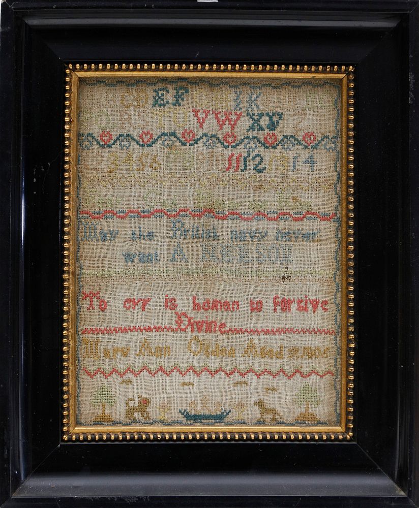 Appraisal: English Needlework Sampler Mary Ann Osden Age English Needlework Sampler