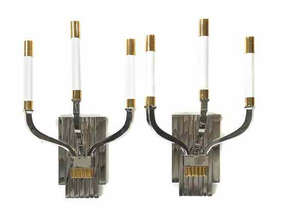 Appraisal: A Pair of Contemporary Chromed and Brass Three-Light Sconces each