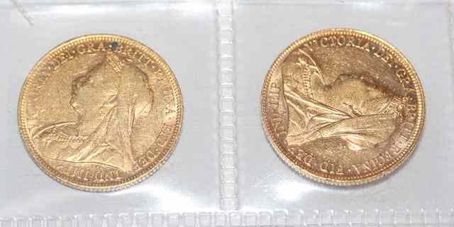 Appraisal: TWO VICTORIAN GOLD SOVEREIGNS Sidney mint Old head St George